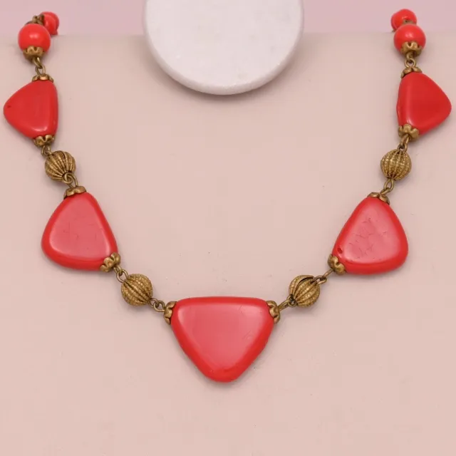 Vtg 1930s Art Deco Czech Red Glass Geometric Necklace