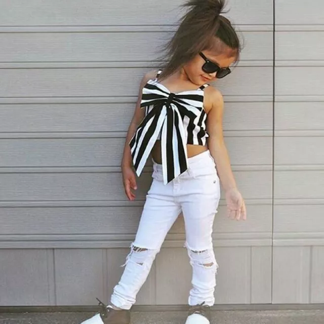 2pcs Toddler Kids Baby Girls Outfits Stripe bow tops+pants Clothes Sets