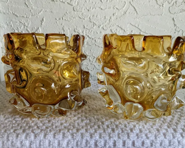 Pair Of Brutalist  Lazy Susan Hobnail Art Glass "Thorn Bowls"