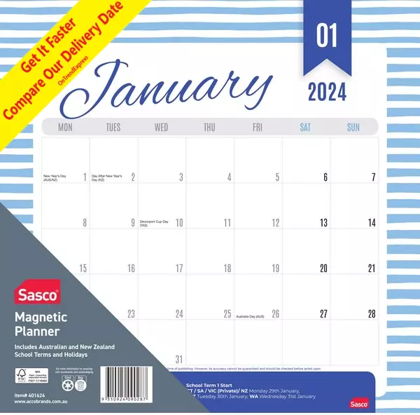 2024 SASCO MONTH to View Wall Calendar 325x315mm STRIPE 13.05