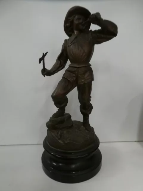 Antique Bronzed Spelter Metal Statue Figurine Wooden Plinth Base