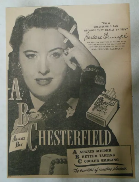 Chesterfield Cigarette Ad: "Barbara Stanwyck" from 1947 Size: 12 x 17 inches