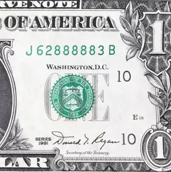 J 62888883 B : Five 8 's in a Row $1 One Dollar Bill