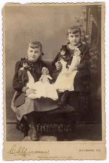 2 GIRLS AND 4 DOLLS 1880s CABINET CARD PHOTO WINDSOR VERMONT