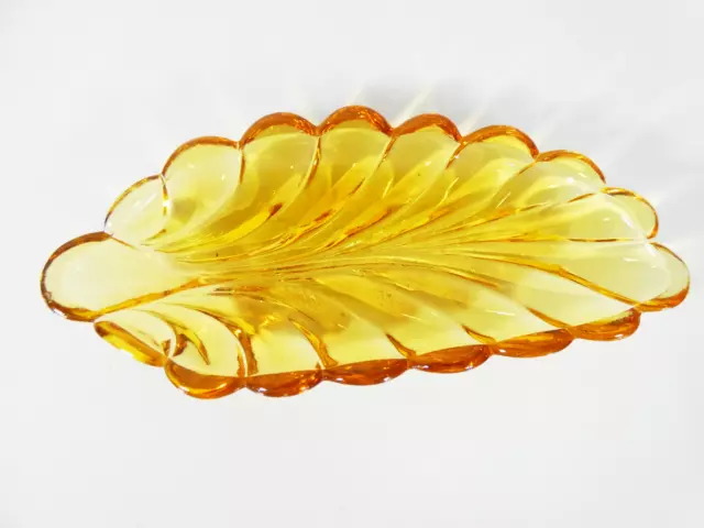 Antique Art Deco Bagley Amber Depression Glass Leaf Bowl Dish Serving Plate