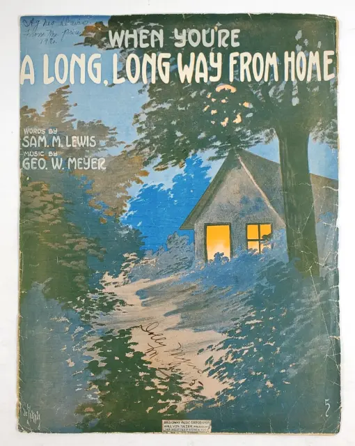 1914 When You're A Long Long Way From Home Large Format Sheet Music WWI