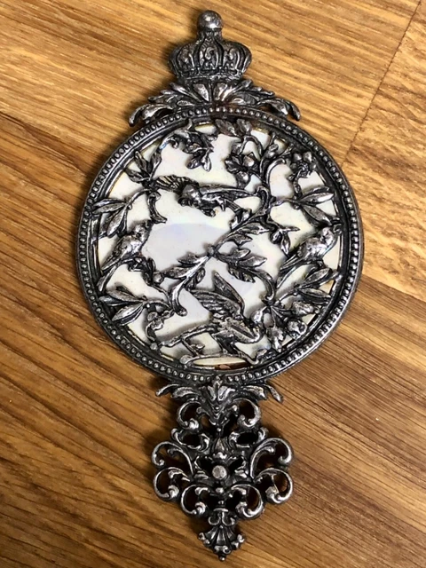 Ancien petit face à main miroir argent,Effet Nacre, DÉCOR D'OISEAUX