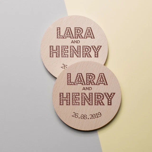 Gravé Personnalisé En Bois Sous-verre Cadeau Mariage Personnalisé Souvenir Rond
