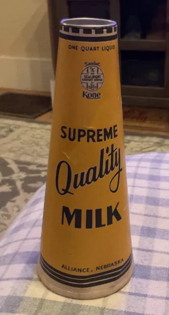 WAX CONE MILK CARTON 1940s SUPREME QUALITY DAIRY ALLIANCE NEBRASKA KONE 1 QUART