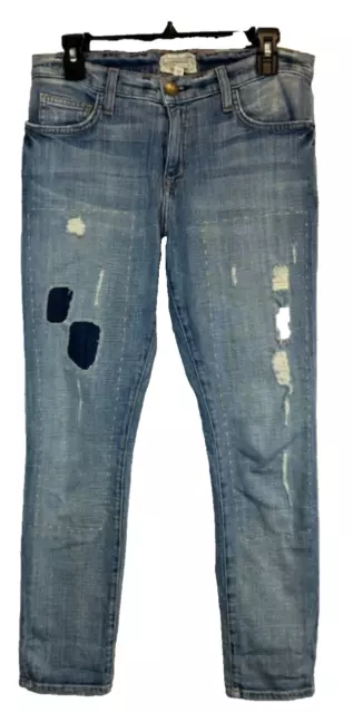 Current /Elliott Blue Patchwork Cropped Straight Leg Jeans Size 0/26 B11 +