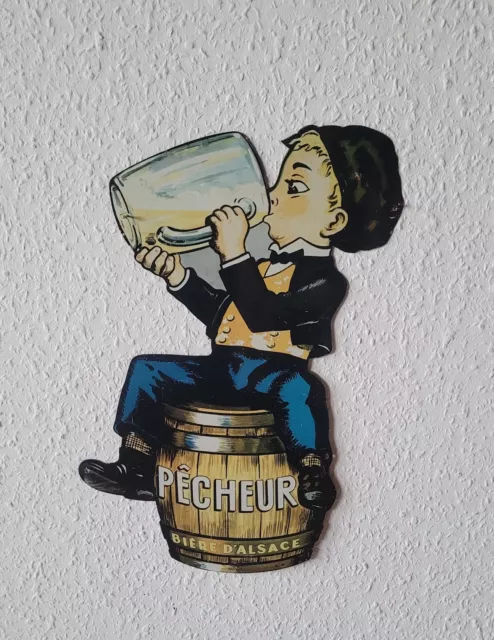 Original altes PECHEUR Bier Fischermännchen PIN UP Blechschild 50er Jahre Selten