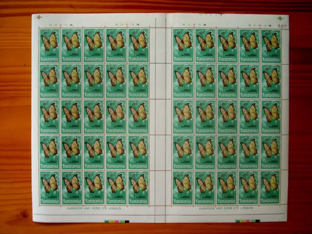 TANZANIA 1973 BUTTERFLY Issue TEN SHILLINGS Complete SHEET of 50 MNH.