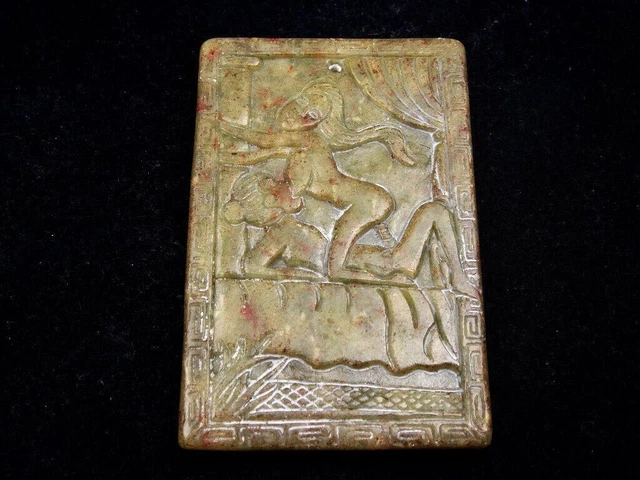 Old Nephrite Jade Stone Carved Paperweight w/ Ancient Exotic Couple #04222315