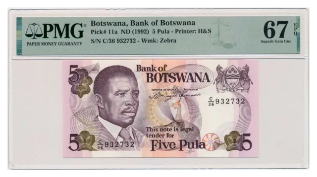 BOTSWANA banknote 5 Pula 1992 PMG grade MS 67 EPQ Superb Gem Uncirculated