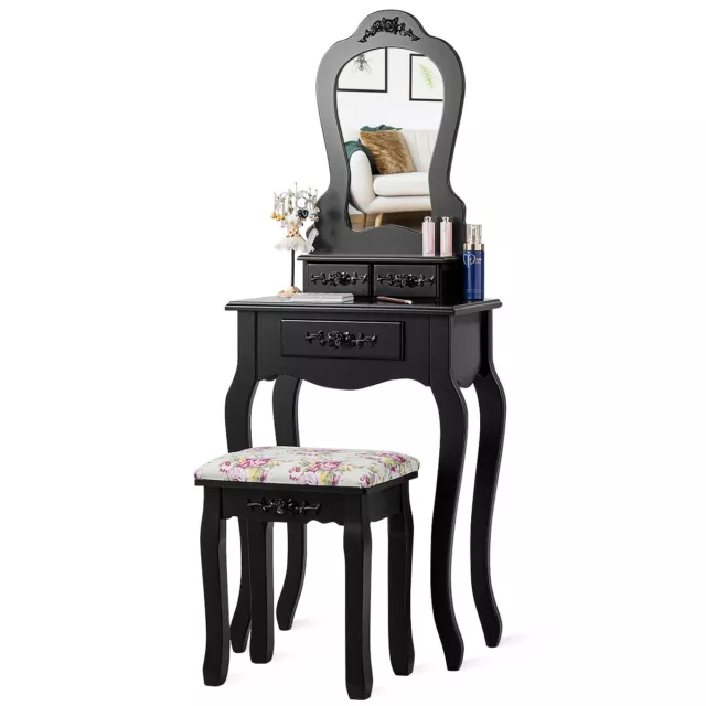 Vanity Wood Makeup Dressing Table Stool Set Jewelry Desk  Drawer Mirror Black