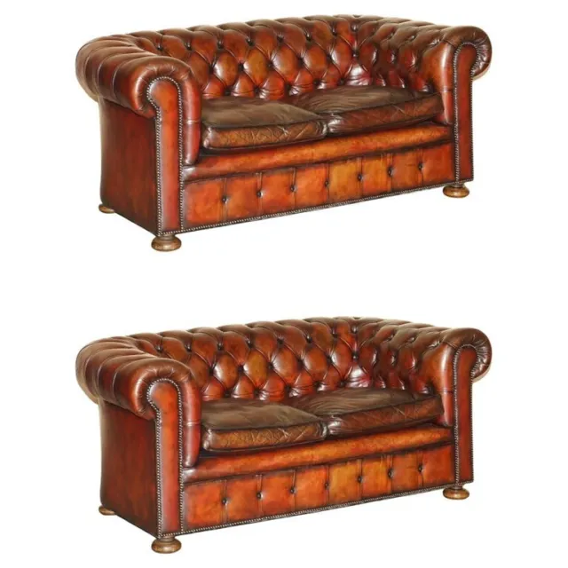 Pair Of Restored Antique Gentleman's Tufted Chesterfield Brown Leather Sofas