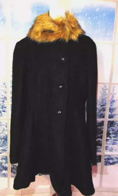 Liz Claiborne Women's Boucle Black Wool Blend Swing Coat Faux Fur Collar Plus~1X