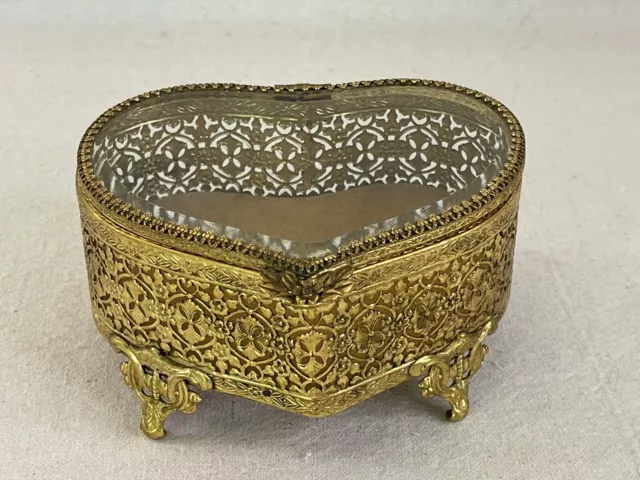 Vintage Ornate Brass Gold Tone Jewelry Vanity Trinket Box Hollywood Regency