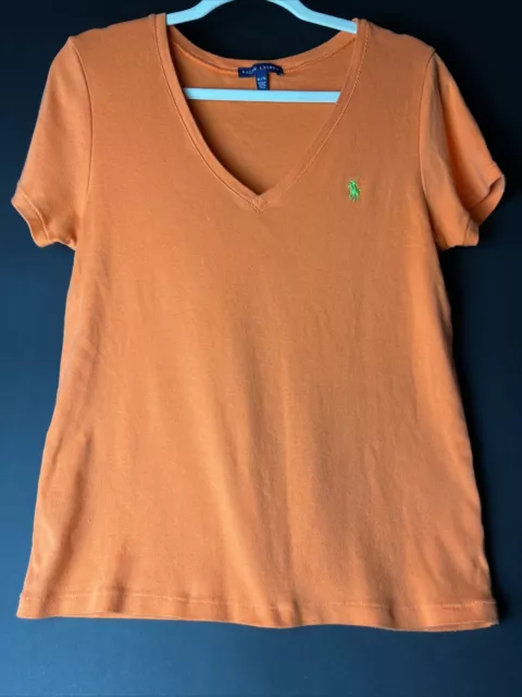 Polo Ralph Lauren Sport Shirt Women's XL Orange V Neck Short Sleeve Logo
