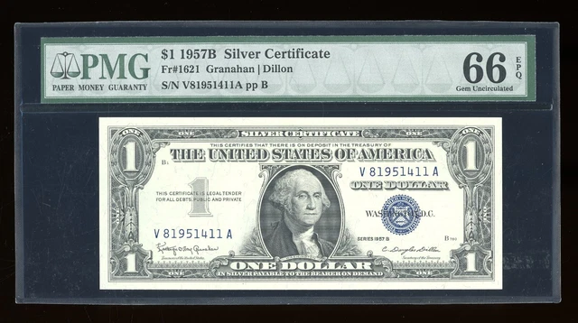 DBR $1 1957-B Silver Gem Fr. 1621 VA Block PMG 66 EPQ Serial V81951411A