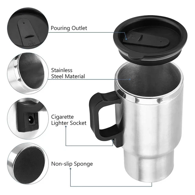 500ml 12V Travel Coffee Heated Mug Car Based Heating Kettle Cup Steel L0K2 2