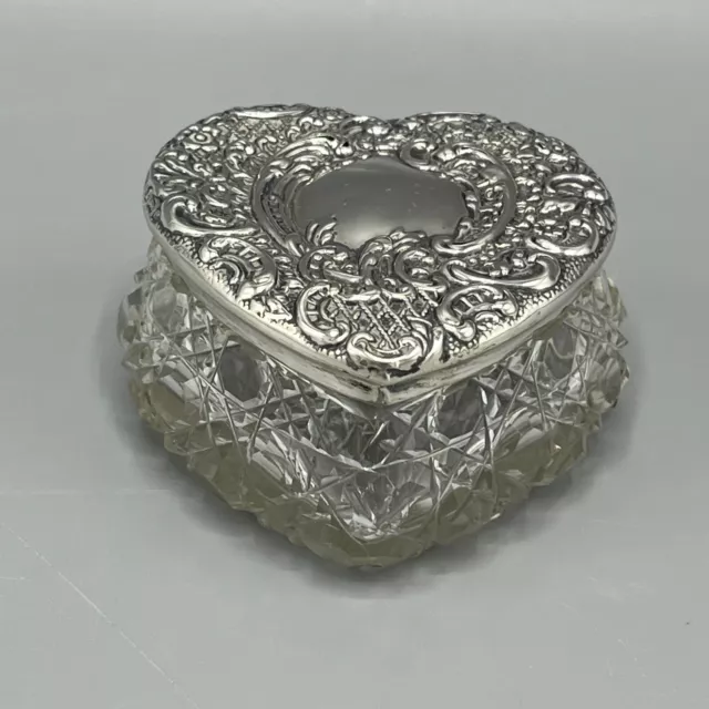 Antique Sterling Silver Heart Trinket Ring Box Cut Glass English Hallmarked 1904 2