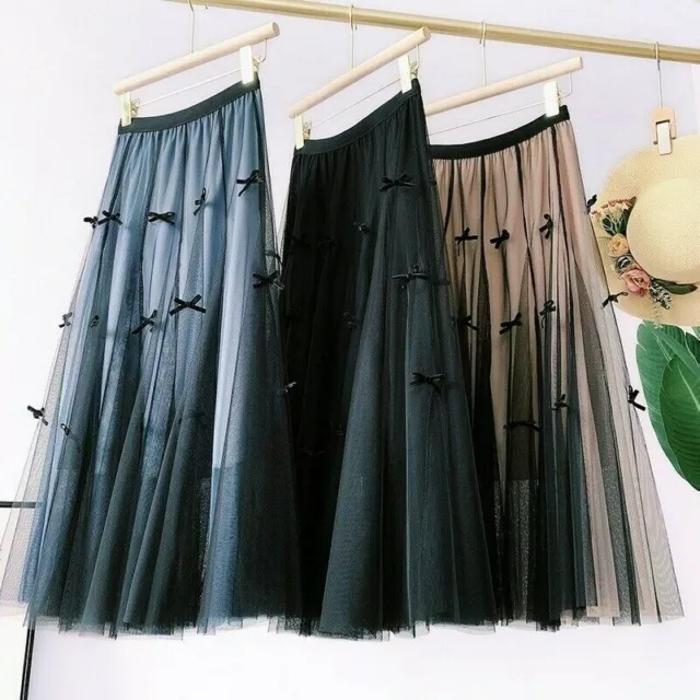 Women Mesh Bowknot Skirt Tulle Elastic High Waist A-line Pleated Midi Skirts