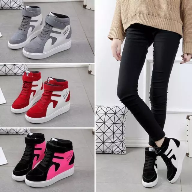 Women's Lace up Ankle Boots Hidden Wedge Heel Platform High Top Shoes Sneakers ~