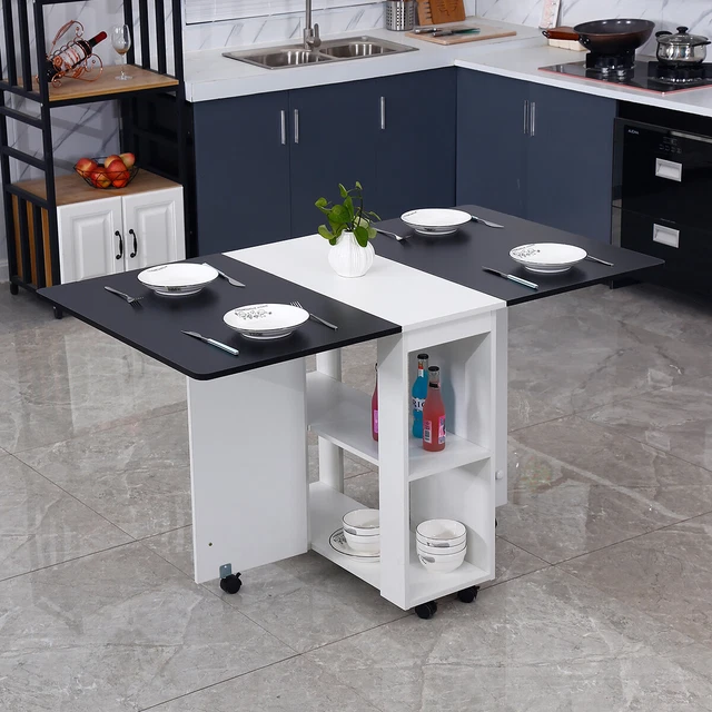 Folding Dining Table with 6 Wheels and 2-Layer Storage Shelf for Smal