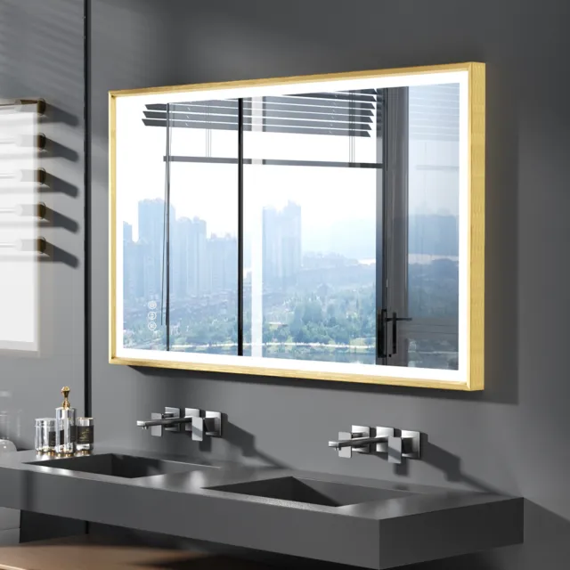 LED Bathroom Mirror Demister, Touch Sensor, Gold Brushed Brass Frame 800x600mm