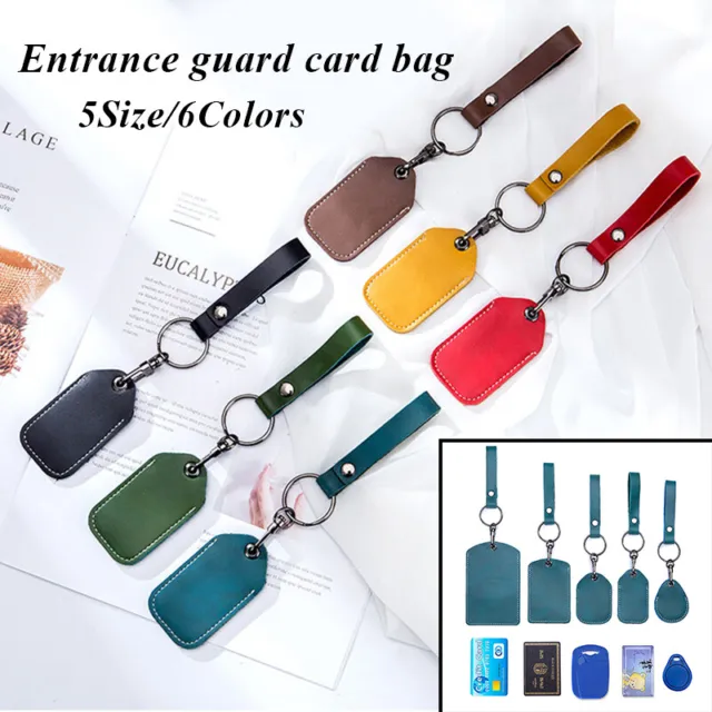 Access Control Card Protection Cover Leather Keychain ID Case Key Tag Ring Safty