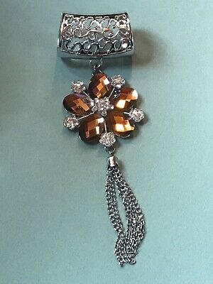 Large & Long Silver Colored Plastic w Bronze & Clear Rhinestone Flower & Chain
