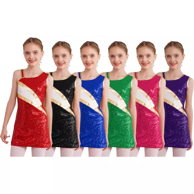 Kids Girls Cheerleading Dresses Irregular Shoulder Dress Patchwork Dancewear