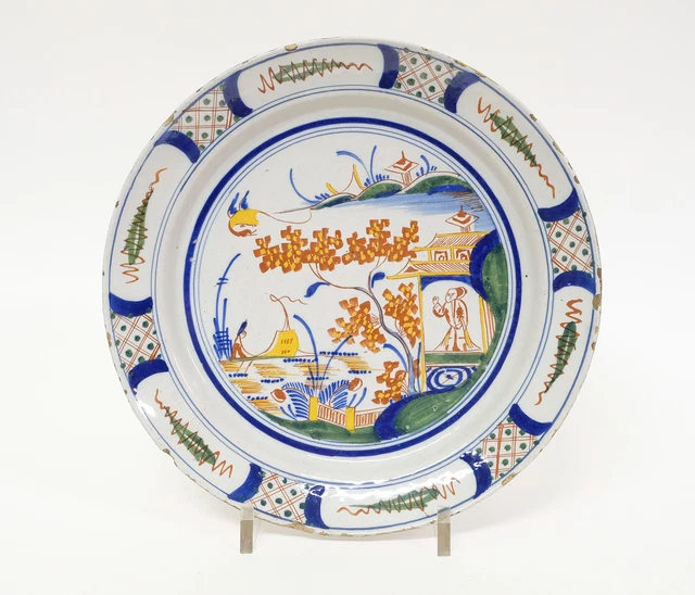 12” Antique 18thC Dutch Delft Pottery Polychrome Charger Plate - Chinoiserie