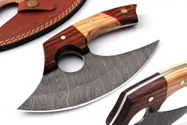 Handmade Hunting Knife Pizza Cutter Ulu Knife Pure Damascus Steel Fixed Blade.