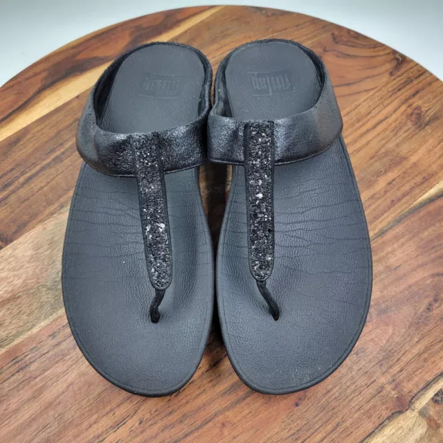 FitFlop Fino Thong Wedge Sandals Women's 7 Black Comfort Flip Flop T-Strap