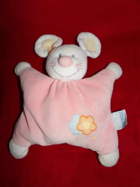 Doudou Semi Plat Nattou Souris Grelot Beige Rose Fleur