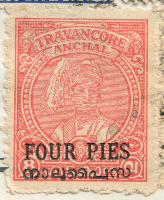 India - 1931 - Indian Feudatory States - Travancore Anchel - Overprint Four Pies