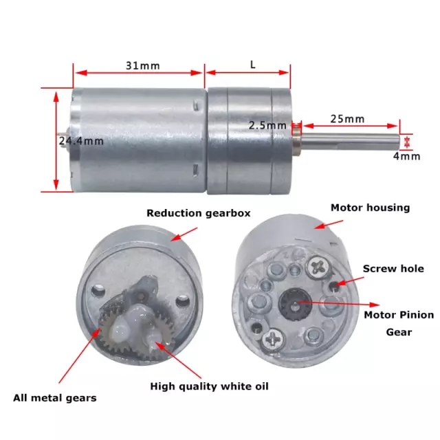 JGA25-370 DC Geared Motor DC6V/12V/24V 12rpm~1360rpm Low Speed Long Axis 25mm 3