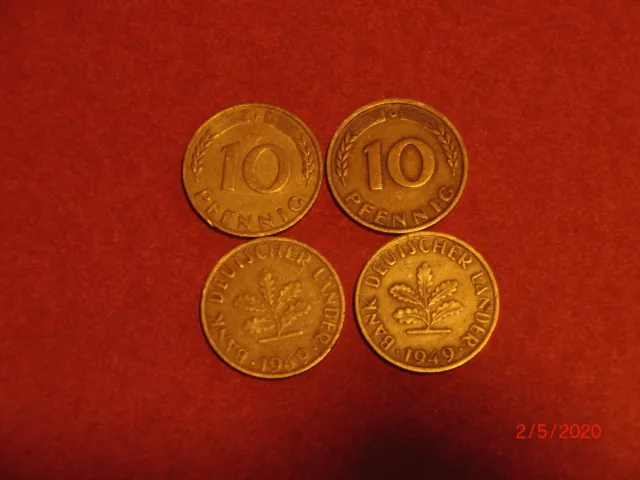 Münzen - Konvolut - 10 Pfennig: Bank Deutscher Länder 1949; BRD 1950 und 1968