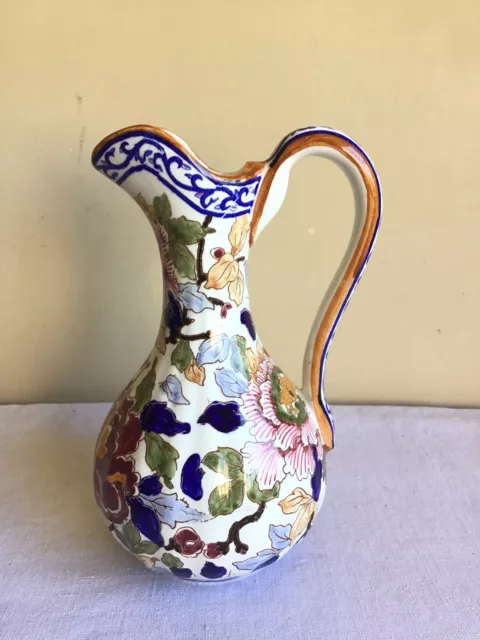 Vintage Gien France A La Main Hand Painted Pottery Floral Handled Water Pitcher