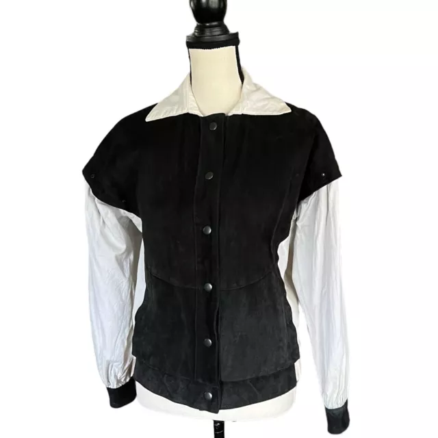 VINTAGE SUEDE LEATHER And Canvas Black-And-White Bomber Jacket Sz.M $42 ...
