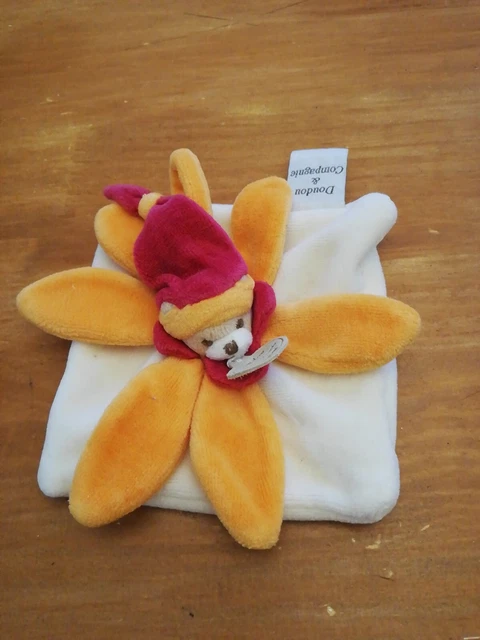 OL/ Mini Doudou Et Compagnie Ours Plat Orange Rouge Blanc Pétales