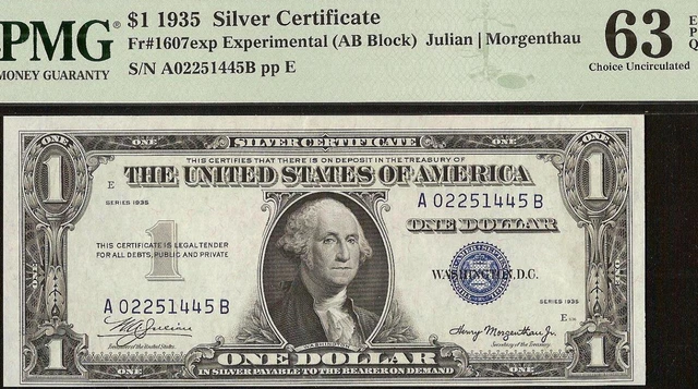 1935 $1 DOLLAR EXPERIMENTAL AB BLOCK SILVER CERTIFICATE NOTE Fr 1607 PMG 63 EPQ