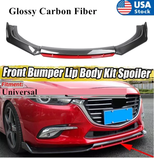 Universal Carbon Fiber Look+Red Car Front Bumper Lip Body Kit Spoiler Splitter