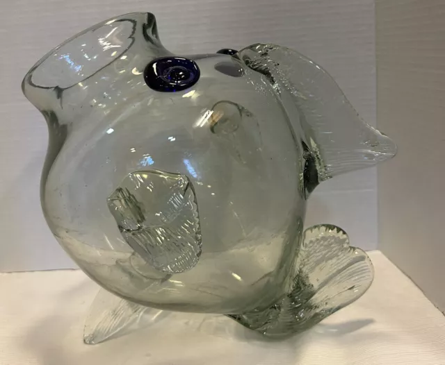 Blenko Style 10” Fish Bowl Vase Terrarium MCM Hand Blown Art Glass Blue Eyes