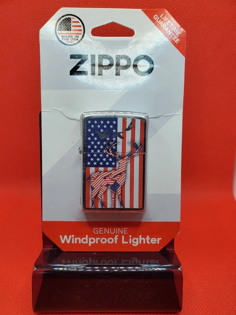 Zippo Chrome Windproof Pocket Lighter - American Flag & Deer, 2021 (c)