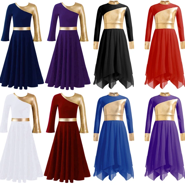 Kids Dance Dress Girls Long Sleeve Round Neckline Patchwork Church Loose Dress