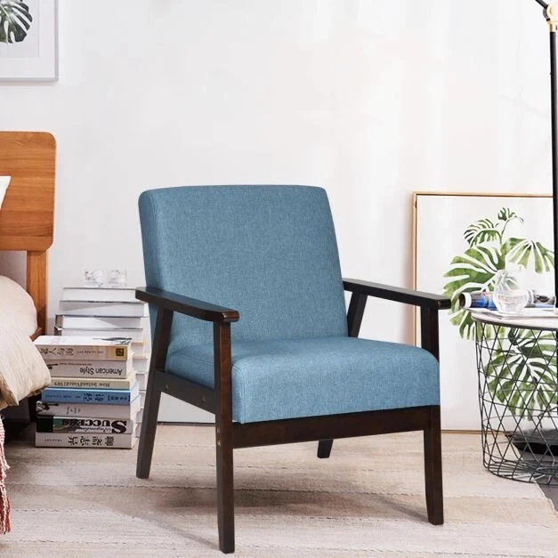 Poltrona con imbottitura in tessuto per il salotto Sedia gambe legno ufficio Blu