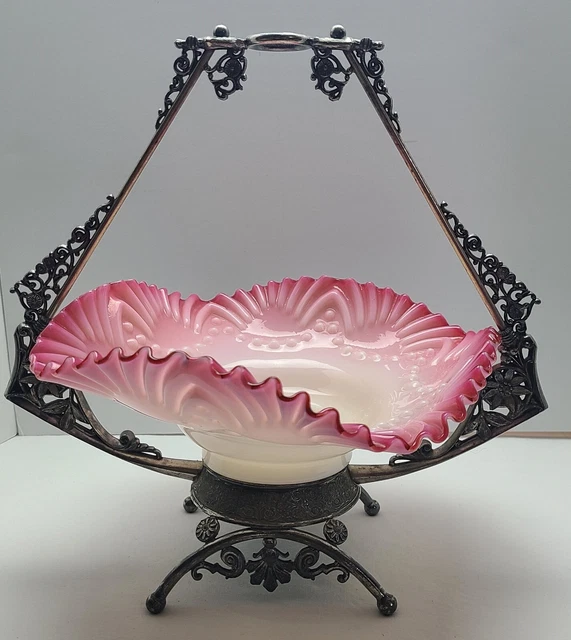 Antique Vintage Brides Basket Fenton Cranberry Pink Hobnail Ornate Bowl & Frame